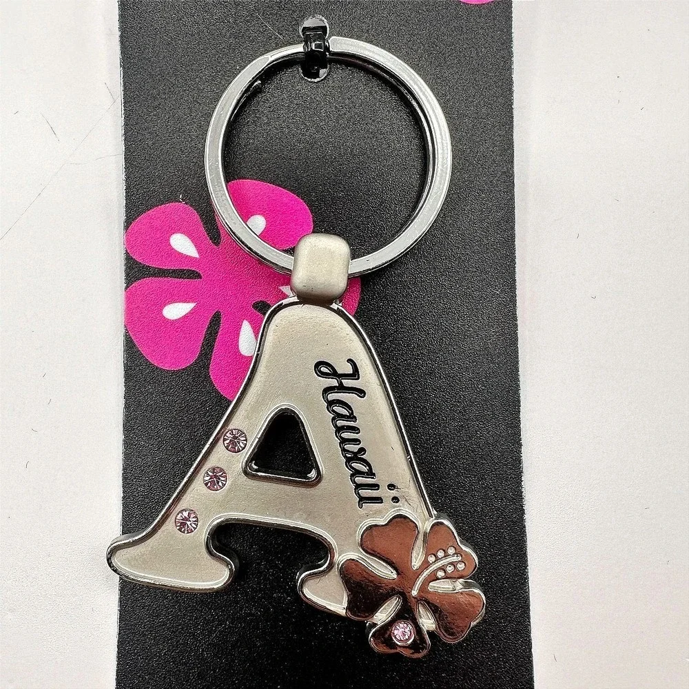VTG 90s‎ Island Girl Silver Tone Hawaii Initial A Keychain Pink Glass Hibiscus